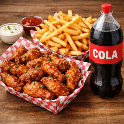 20 Chicken Wings + Fries+ 2 Liter Soda