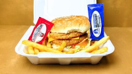 Double Chicken Burger W Cheese + Fries + Soda Can