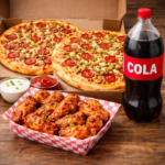 Two Large 14" Pizza (2 Toppings) + 15 Wings + 2 Liter Soda