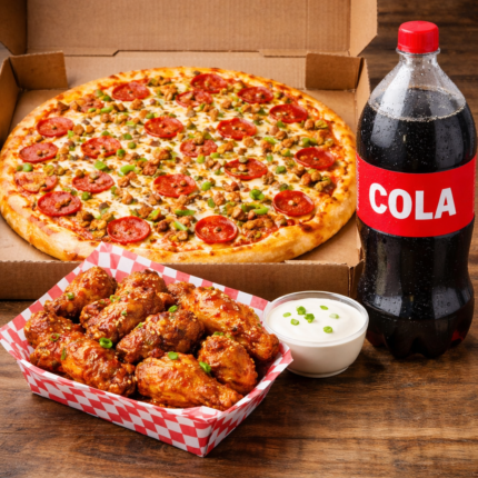 One Large 14 Inch Pizza (3 Toppings) + 10 Wings + Large Soda