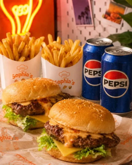 2 x Beef Burger With Fries And Can Soda