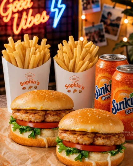 2 x Chicken Burgers W Fries And Can Soda