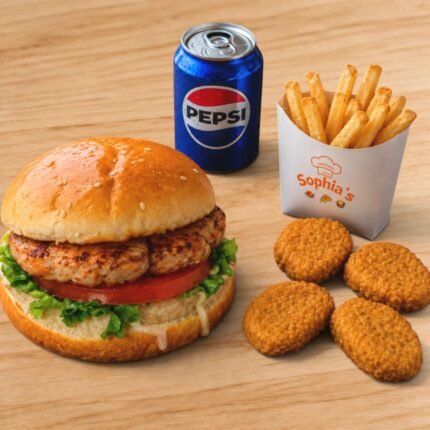 Chicken Burger + 4 Chicken Nuggets with Fries and Can Soda