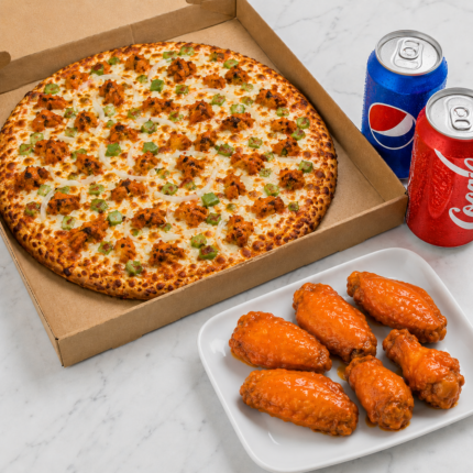 Large Pizza (2 Toppings) + 6 Wings + 2 Soda Cans