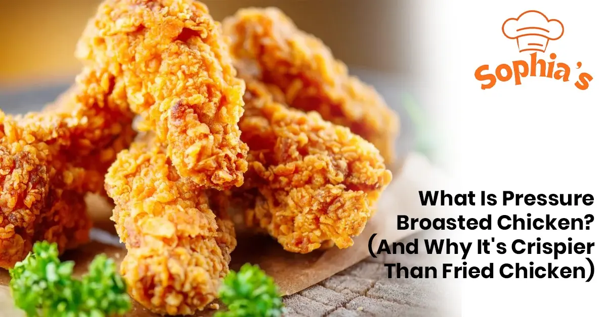 Sophia’s Cafe pressure broasted chicken with a golden crispy coating, highlighting why it is crispier than fried chicken.
