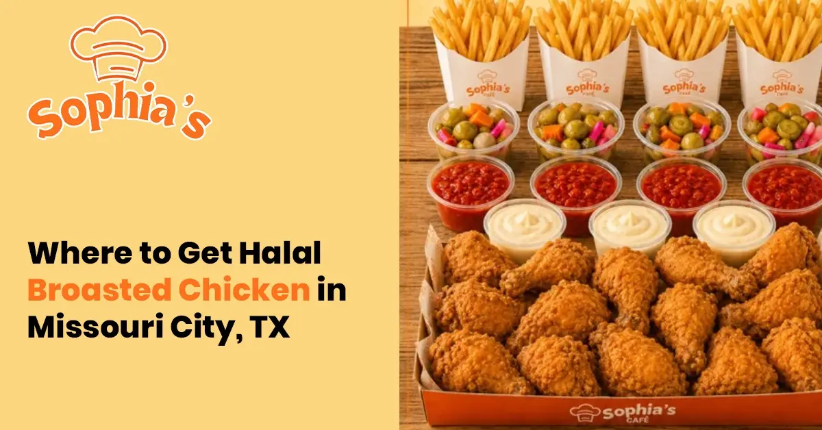 Sophia's Cafe halal broasted chicken in Missouri City, TX, served crispy with golden fries, pickles, and flavorful sauces.