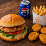 Chicken Burger + 4 Chicken Nuggets with Fries and Can Soda