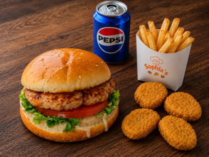 Chicken Burger + 4 Chicken Nuggets with Fries and Can Soda