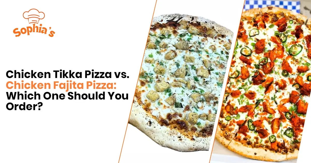 Chicken Tikka and Chicken Fajita pizzas from Sophia’s Cafe, topped with flavorful chicken, cheese, vegetables, and herbs now.