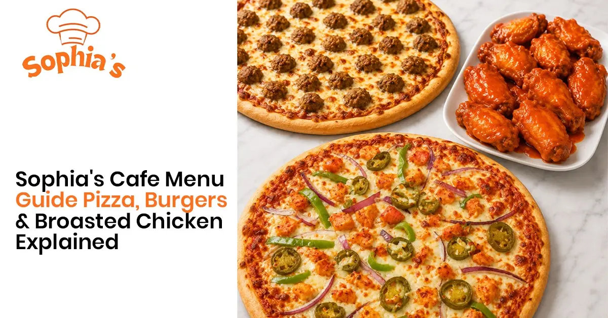 Sophia's Cafe menu featuring freshly baked pizzas and saucy chicken wings, highlighting popular food options and flavors.