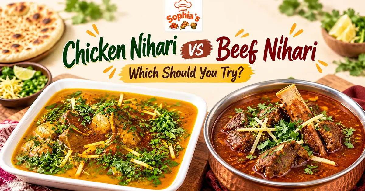 Sophia's Cafe Chicken Nihari vs Beef Nihari comparison featuring rich, spiced curries with herbs and ginger in Missouri City, TX.