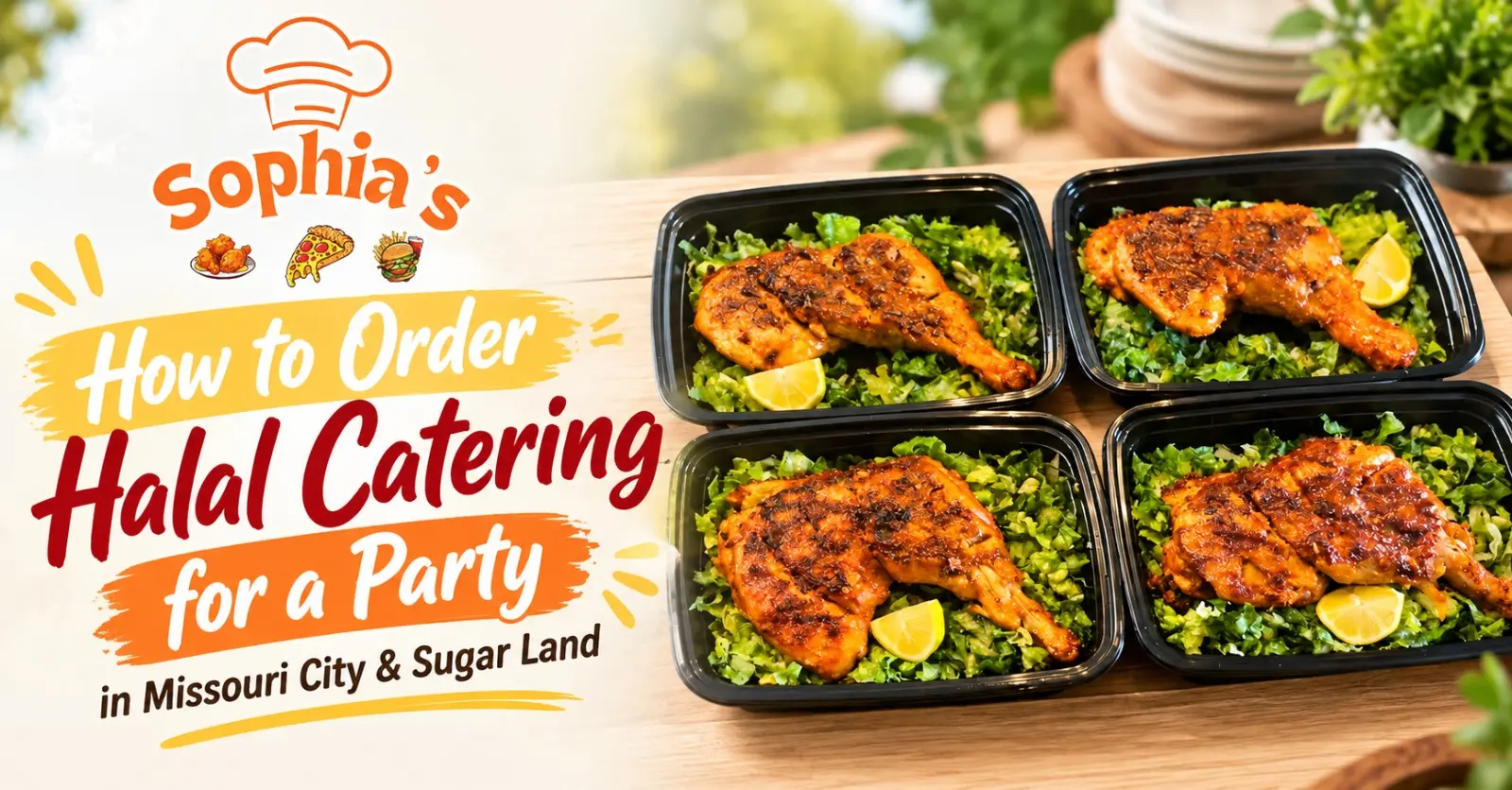 Sophia’s Cafe halal catering in Missouri City and Sugar Land featuring grilled chicken meals with fresh greens and lemon wedges.