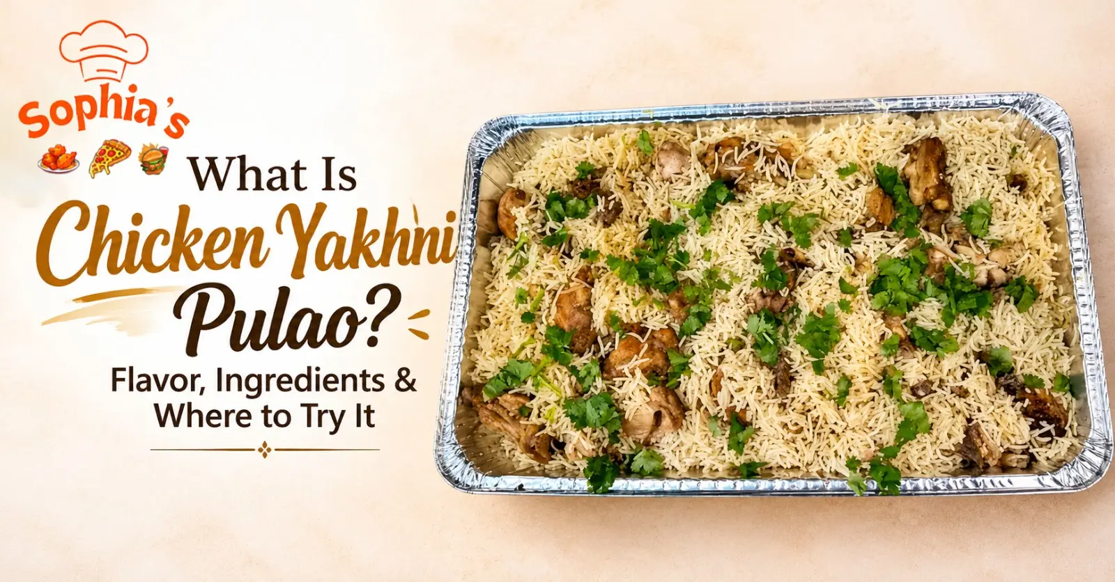 Chicken Yakhni Pulao with aromatic basmati rice, tender chicken, and fresh cilantro, featured by Sophia’s Cafe in Missouri City, TX.